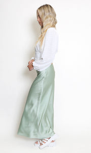 Green Satin High Waist A-Line Maxi Skirt