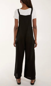 BLACK BUTTON DETAIL WIDE LEG DUNGAREES