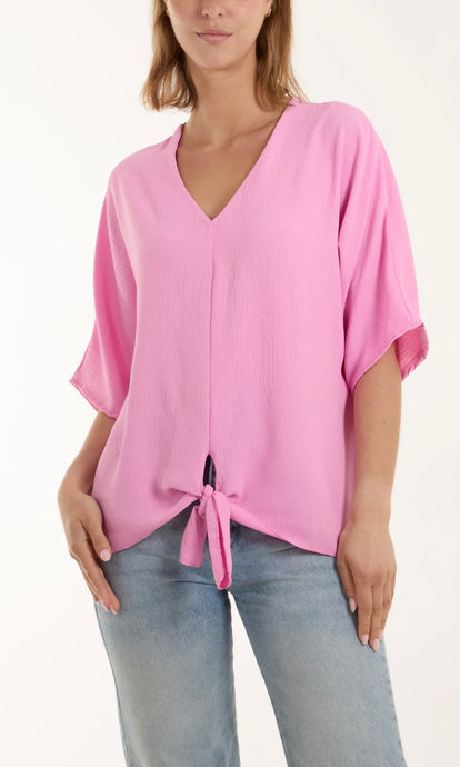 Bubblegum Pink V-Neck Tie Hem Top