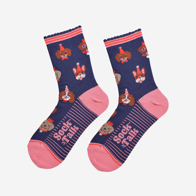 Women's Bamboo Socks - Navy Blue/Pink, Party Dogs: UK 3-7 | EU 36-40 | US 5-9