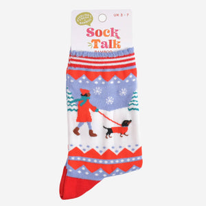 Women's Bamboo Socks - Blue/Red, Sausage Dog Walk: UK 3-7 | EU 36-40 | US 5-9