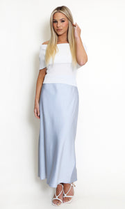 Blue Satin High Waist A-Line Maxi Skirt