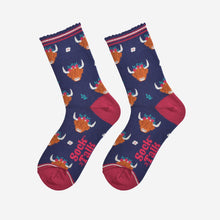 Load image into Gallery viewer, Women&#39;s Bamboo Socks - Navy/Burgundy, Winter Highland Cow: UK 3-7 | EU 36-40 | US 5-9