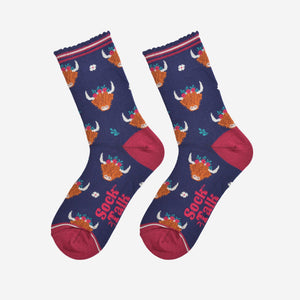 Women's Bamboo Socks - Navy/Burgundy, Winter Highland Cow: UK 3-7 | EU 36-40 | US 5-9