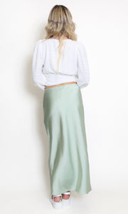 Green Satin High Waist A-Line Maxi Skirt