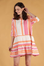 Load image into Gallery viewer, Striped Aztec Print Tiered Boho Mini Dress in Pink &amp; Orange