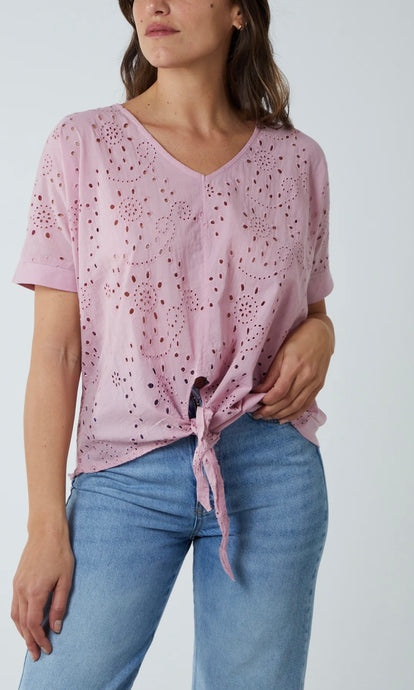 PINK BRODERIE BATWING KNOT FRONT TOP