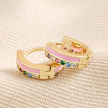 Load image into Gallery viewer, Pink Enamel and Rainbow Crystal Huggie Hoop Earrings in Gold