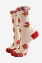 Load image into Gallery viewer, Women&#39;s Bamboo Socks - Cream/Red, Christmas Highland Cow: UK 3-7 | EU 36-40 | US 5-9