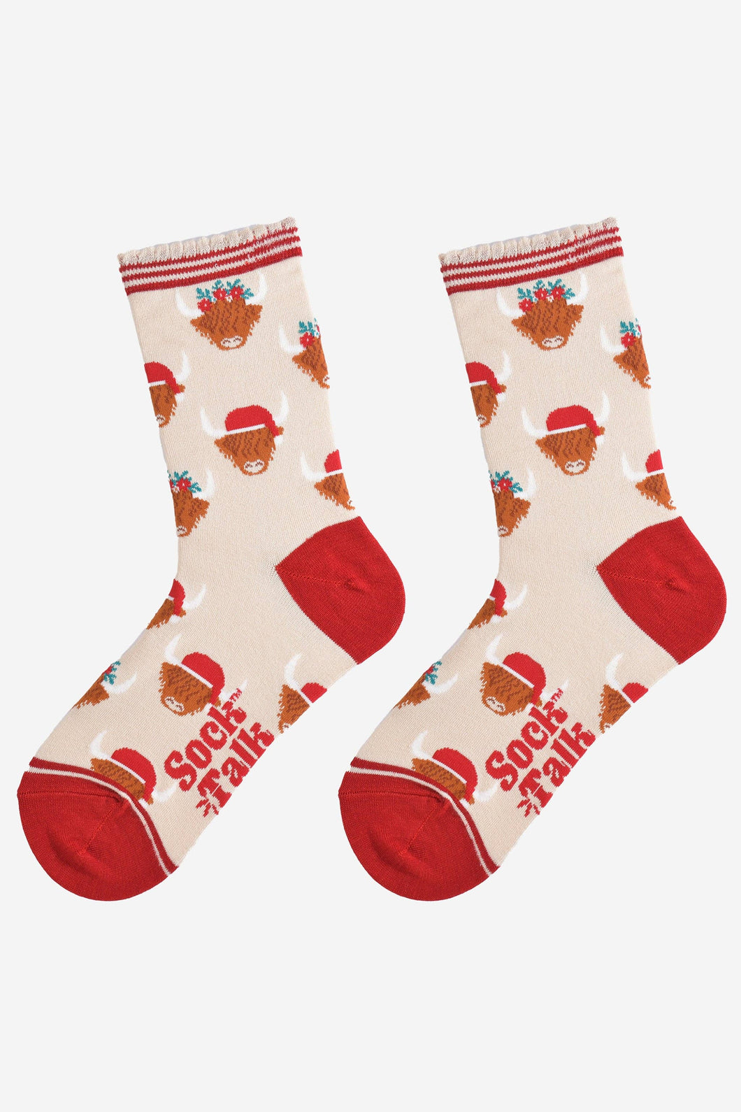 Women's Bamboo Socks - Cream/Red, Christmas Highland Cow: UK 3-7 | EU 36-40 | US 5-9