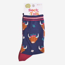 Load image into Gallery viewer, Women&#39;s Bamboo Socks - Navy/Burgundy, Winter Highland Cow: UK 3-7 | EU 36-40 | US 5-9