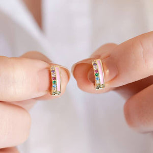 Pink Enamel and Rainbow Crystal Huggie Hoop Earrings in Gold