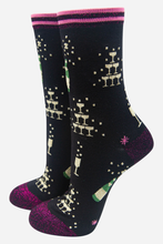 Load image into Gallery viewer, Black Women&#39;s Champagne Celebration Print Bamboo Socks