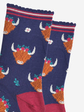 Load image into Gallery viewer, Women&#39;s Bamboo Socks - Navy/Burgundy, Winter Highland Cow: UK 3-7 | EU 36-40 | US 5-9