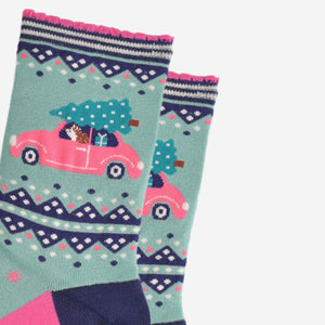 Women's Bamboo Socks - Green/Pink, Christmas Hedgehog Car: UK 3-7 | EU 36-40 | US 5-9