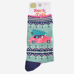 Women's Bamboo Socks - Green/Pink, Christmas Hedgehog Car: UK 3-7 | EU 36-40 | US 5-9