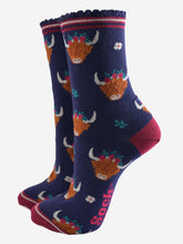 Load image into Gallery viewer, Women&#39;s Bamboo Socks - Navy/Burgundy, Winter Highland Cow: UK 3-7 | EU 36-40 | US 5-9