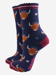 Women's Bamboo Socks - Navy/Burgundy, Winter Highland Cow: UK 3-7 | EU 36-40 | US 5-9