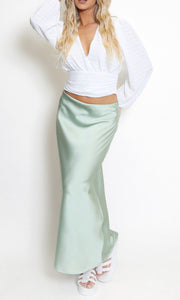 Green Satin High Waist A-Line Maxi Skirt