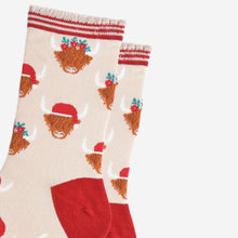 Load image into Gallery viewer, Women&#39;s Bamboo Socks - Cream/Red, Christmas Highland Cow: UK 3-7 | EU 36-40 | US 5-9