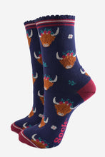 Load image into Gallery viewer, Women&#39;s Bamboo Socks - Navy/Burgundy, Winter Highland Cow: UK 3-7 | EU 36-40 | US 5-9