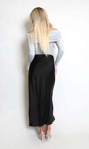 Black Satin High Waist A-Line Maxi Skirt