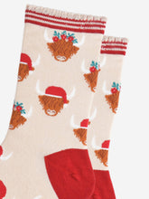 Load image into Gallery viewer, Women&#39;s Bamboo Socks - Cream/Red, Christmas Highland Cow: UK 3-7 | EU 36-40 | US 5-9