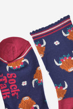 Load image into Gallery viewer, Women&#39;s Bamboo Socks - Navy/Burgundy, Winter Highland Cow: UK 3-7 | EU 36-40 | US 5-9