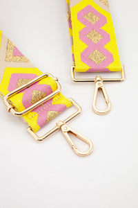 Woven Aztec Print Metallic Wide Bag Strap in Pink & Yellow: One-size