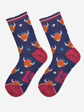 Load image into Gallery viewer, Women&#39;s Bamboo Socks - Navy/Burgundy, Winter Highland Cow: UK 3-7 | EU 36-40 | US 5-9