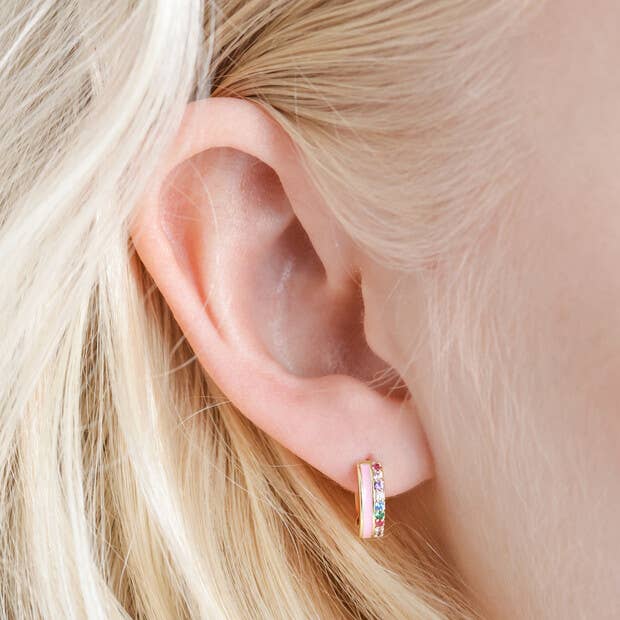 Pink Enamel and Rainbow Crystal Huggie Hoop Earrings in Gold