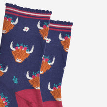 Load image into Gallery viewer, Women&#39;s Bamboo Socks - Navy/Burgundy, Winter Highland Cow: UK 3-7 | EU 36-40 | US 5-9