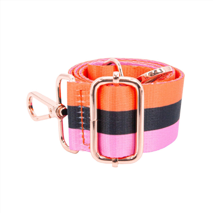 Bold Colour Triple Stripe Bag Strap in Pink, Black & Orange: One-size