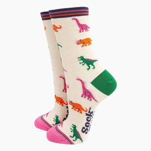 Women's Bamboo Socks - Cream/Multi, Dinosaurs: UK 3-7 | EU 36-40 | US 5-9