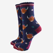 Load image into Gallery viewer, Women&#39;s Bamboo Socks - Navy/Burgundy, Winter Highland Cow: UK 3-7 | EU 36-40 | US 5-9