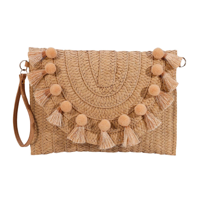 Pompoms and Tassels Clutch Straw Bag