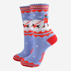 Women's Bamboo Socks - Blue/Red, Sausage Dog Walk: UK 3-7 | EU 36-40 | US 5-9