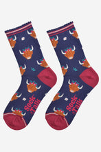 Load image into Gallery viewer, Women&#39;s Bamboo Socks - Navy/Burgundy, Winter Highland Cow: UK 3-7 | EU 36-40 | US 5-9