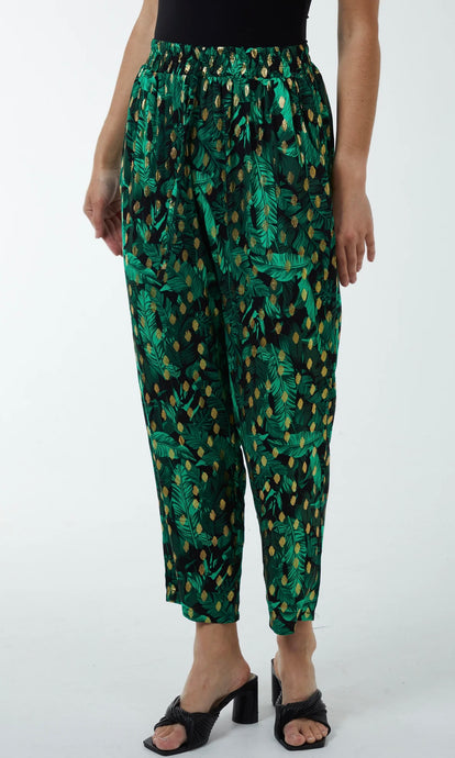 GREEN FOIL LEAF DETAIL CAPRI TROUSERS