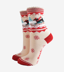 Women's Bamboo Socks - Cream/Red, Sausage Dog Sledge: UK 3-7 | EU 36-40 | US 5-9