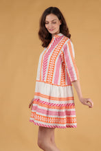 Load image into Gallery viewer, Striped Aztec Print Tiered Boho Mini Dress in Pink &amp; Orange