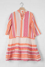 Load image into Gallery viewer, Striped Aztec Print Tiered Boho Mini Dress in Pink &amp; Orange