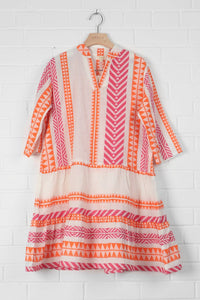 Striped Aztec Print Tiered Boho Mini Dress in Pink & Orange