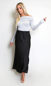 Black Satin High Waist A-Line Maxi Skirt