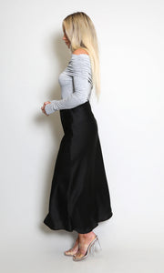 Black Satin High Waist A-Line Maxi Skirt