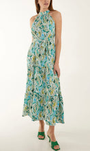 Load image into Gallery viewer, GREEN AND BLUE HALTER NECK PAISLEY MAXI DRESS