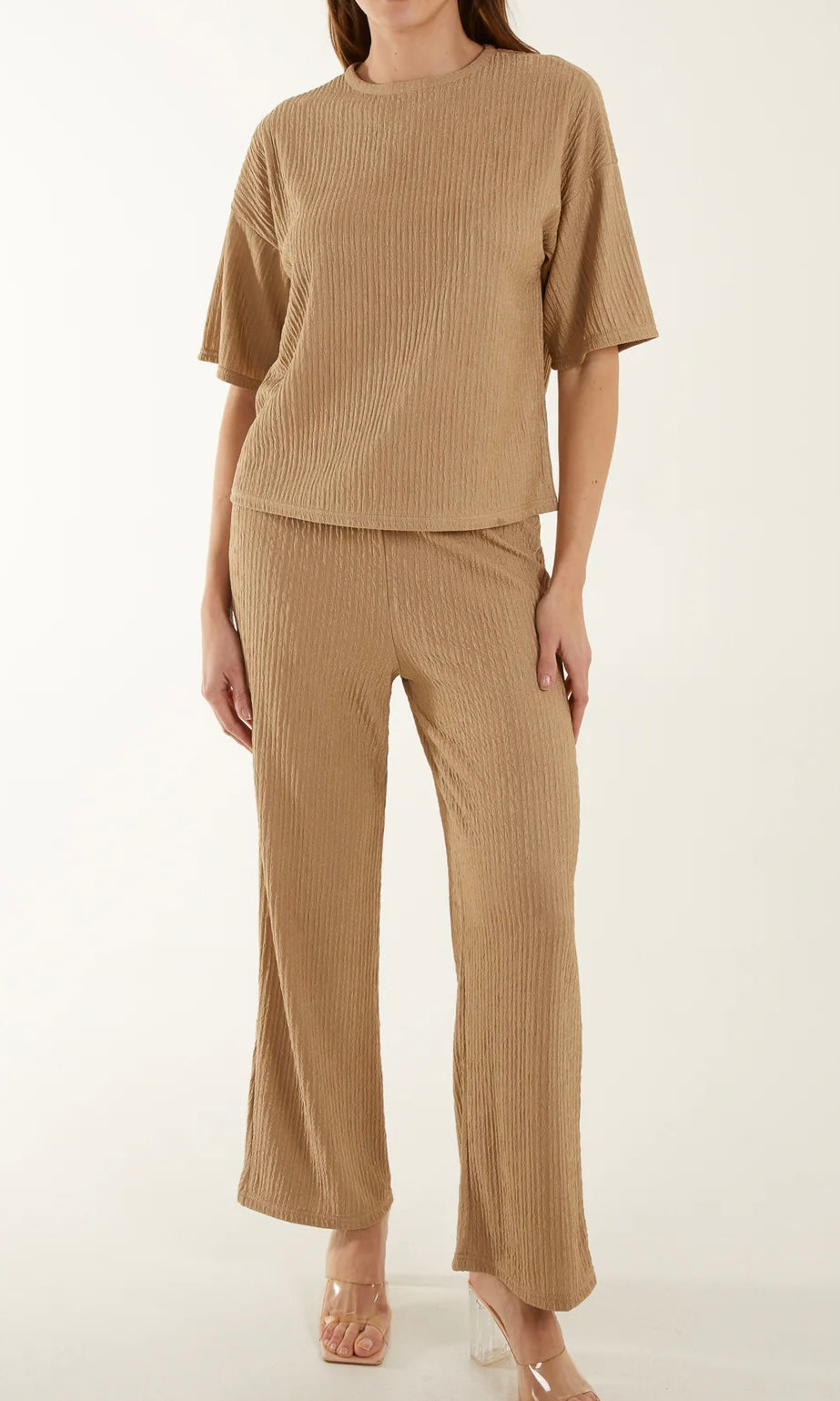 BROWN RIBBED T-SHIRT & TROUSER CO-ORD SET