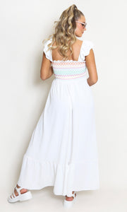 White Square Neck Shirred Rainbow Maxi Dress