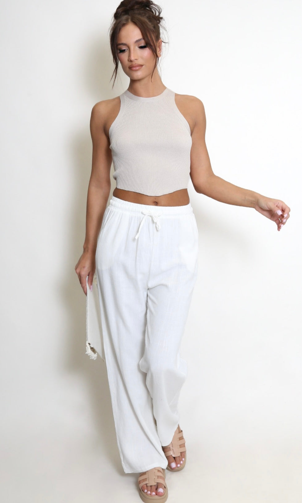 White Linen Blend Wide Leg Trouser