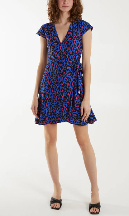 VIBRANT BLUE LEOPARD PRINT WRAP STRETCH MINI DRESS